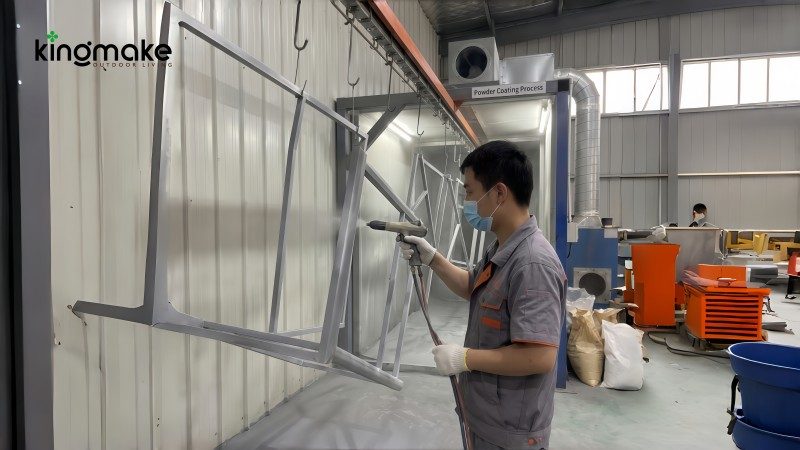 Powder coating line at Kingmake's Foshan outdoor furniture factory