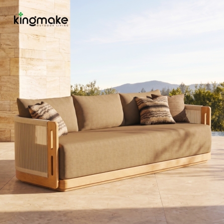 Laguna Collection Teak Three-Seater Sofa with Hand-Woven Rope