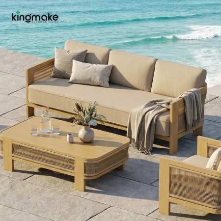 Modern Wood Grain Powder-Coated Aluminum Three-Seater Sofa KMD18024